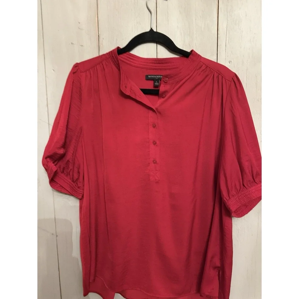 Banana‎ Republic Volume Puff Short Sleeve Blouse Sz-Lg Apple Red Satin Silky